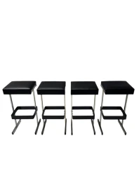 Four Mid-Century Modern Bar Stools with Black Leather Seats, 1970s